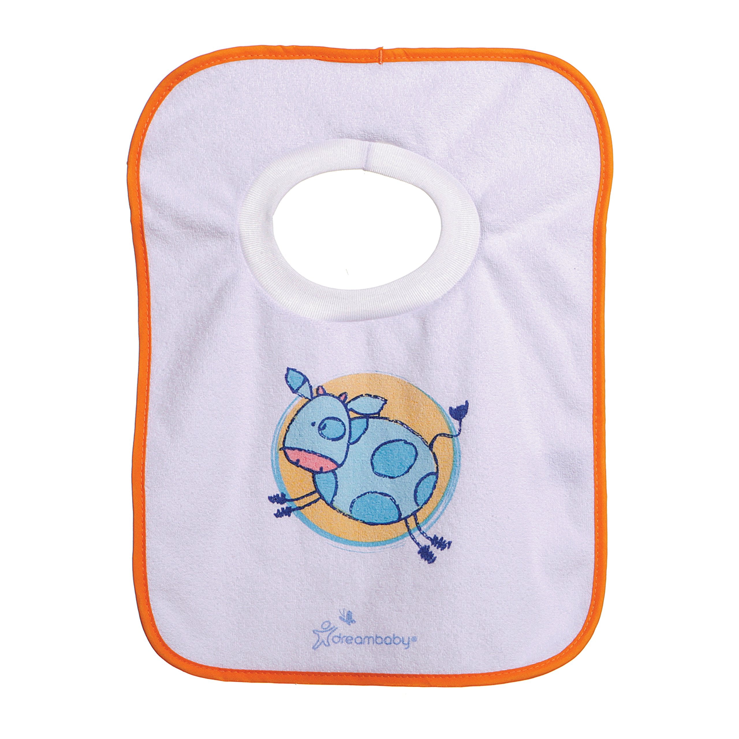 Dreambaby bib in machine-washable terry cloth simplifies washing after feeding and drool.
