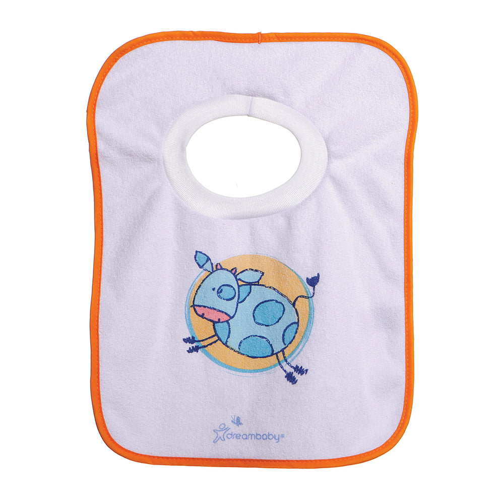 Dreambaby bib in machine-washable terry cloth simplifies washing after feeding and drool.