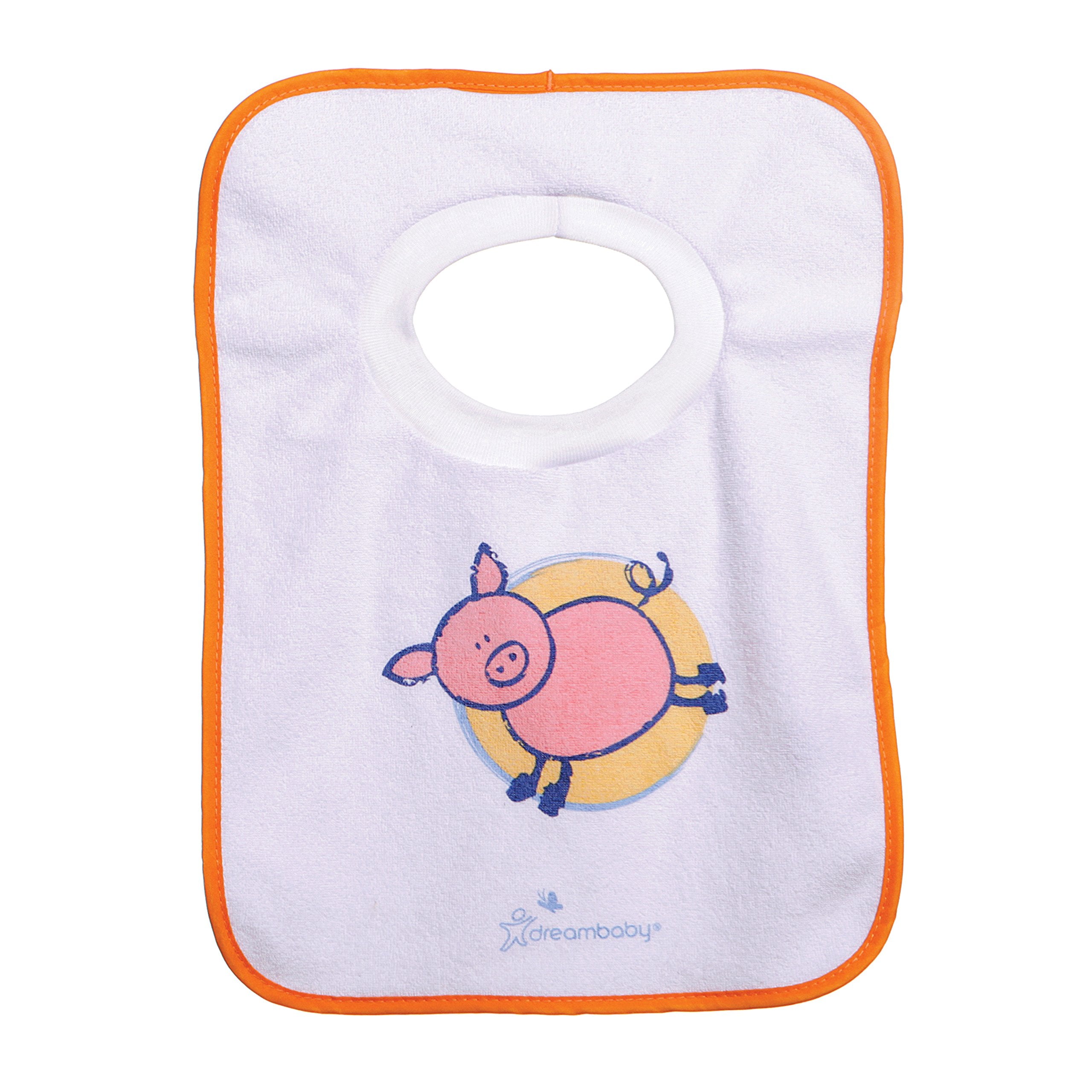 Dreambaby terry bib in teething-friendly design keeps outfit dry during drool and snacks.
