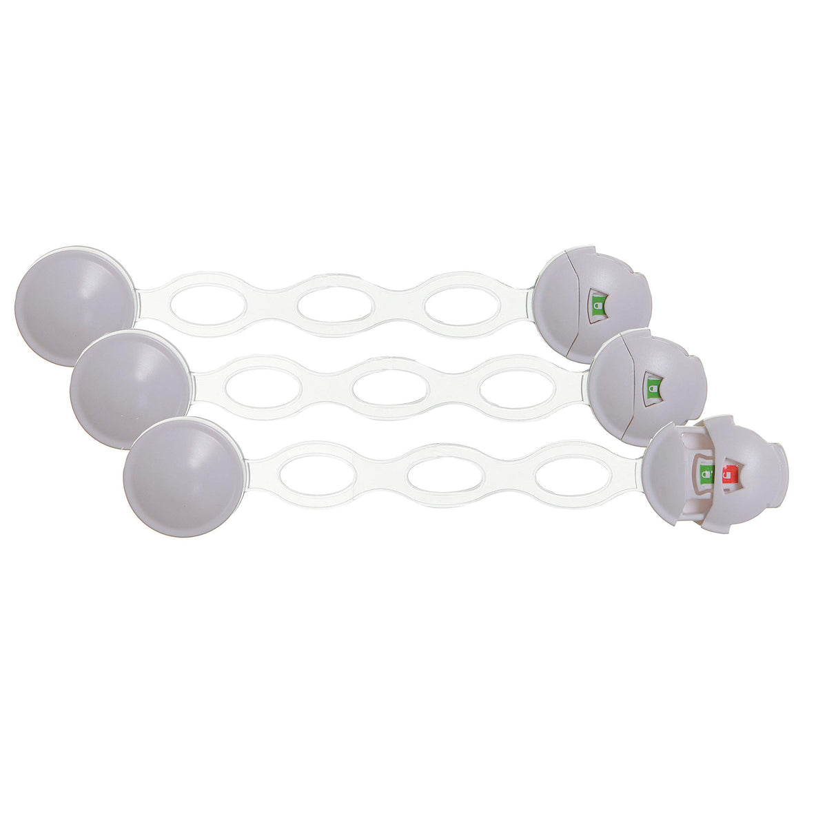 Dreambaby Ezy-Check latch close-up on cabinet for childproofing.