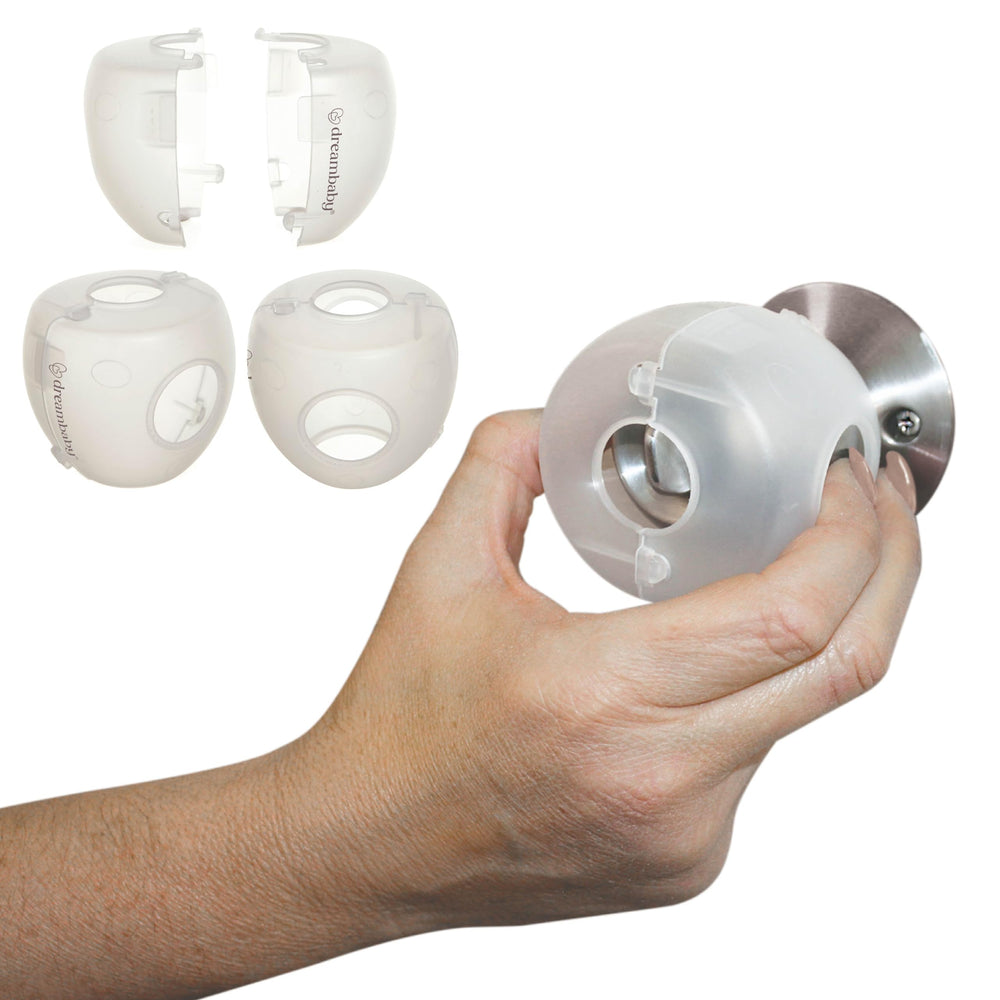 Dreambaby EZY-Fit door knob cover on door protects children while preserving adult access