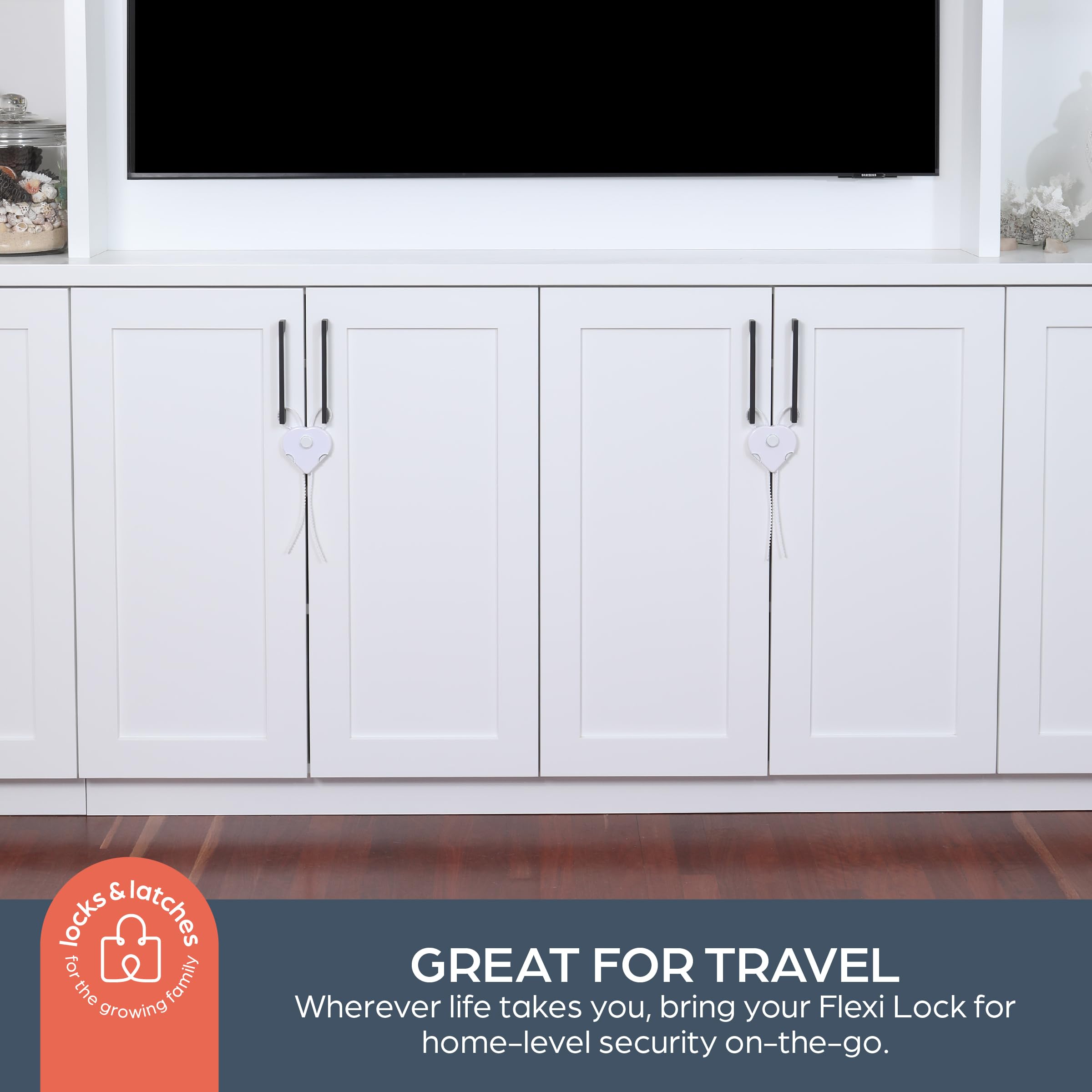 Dreambaby Flexi-Lock on a kitchen cabinet keeping pantry items organized.
