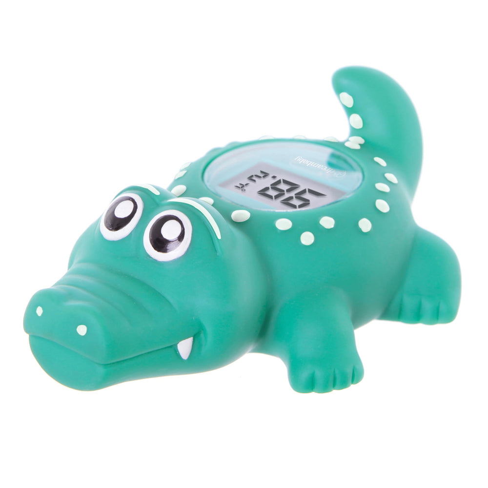 Dreambaby floating crocodile bath thermometer in tub displaying safe bath temperature