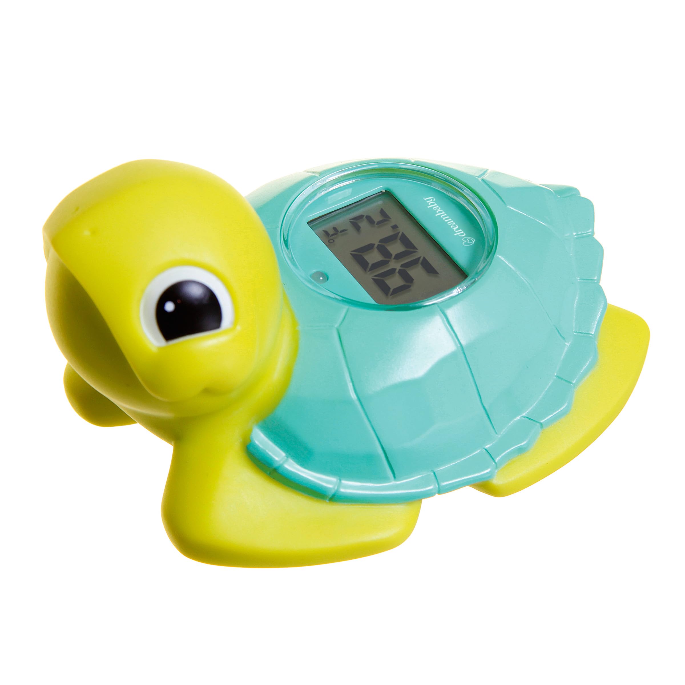 Dreambaby floating turtle thermometer in bath shows safe water temperature for baby's bath.