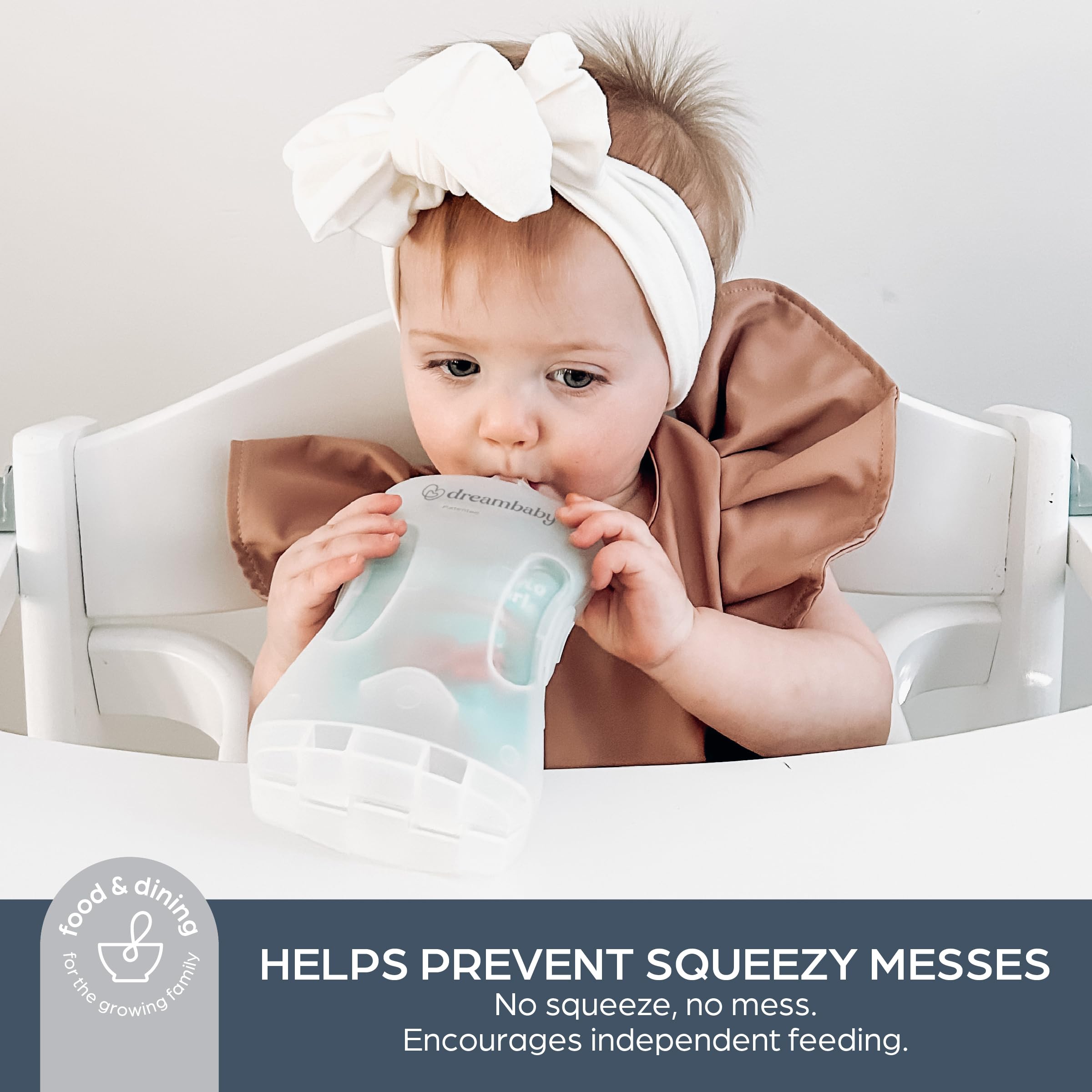 Dreambaby Pouch Pal compatibility with 4-ounce pouches for squeeze-free feeding.