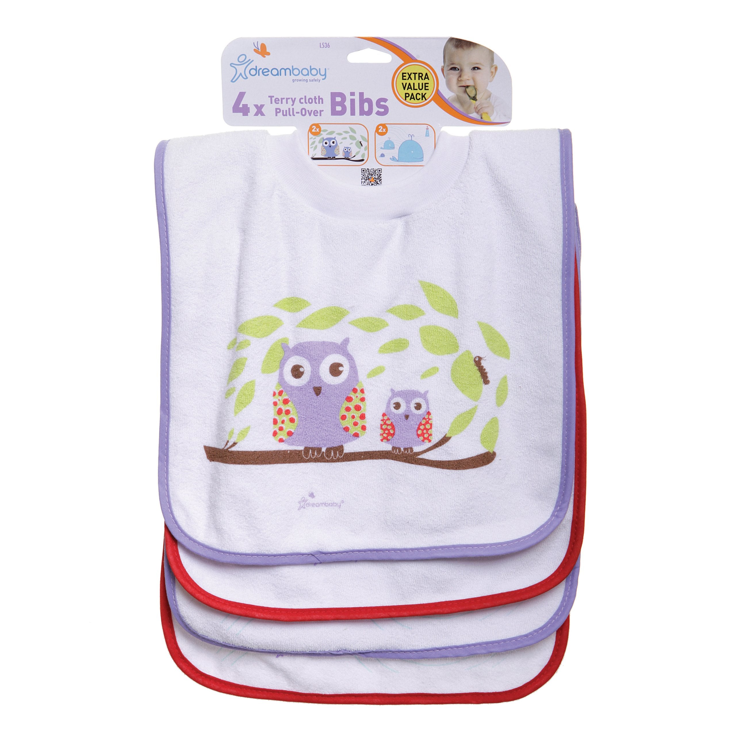 Dreambaby pullover bib laid flat highlights extra-large size for growing toddlers.