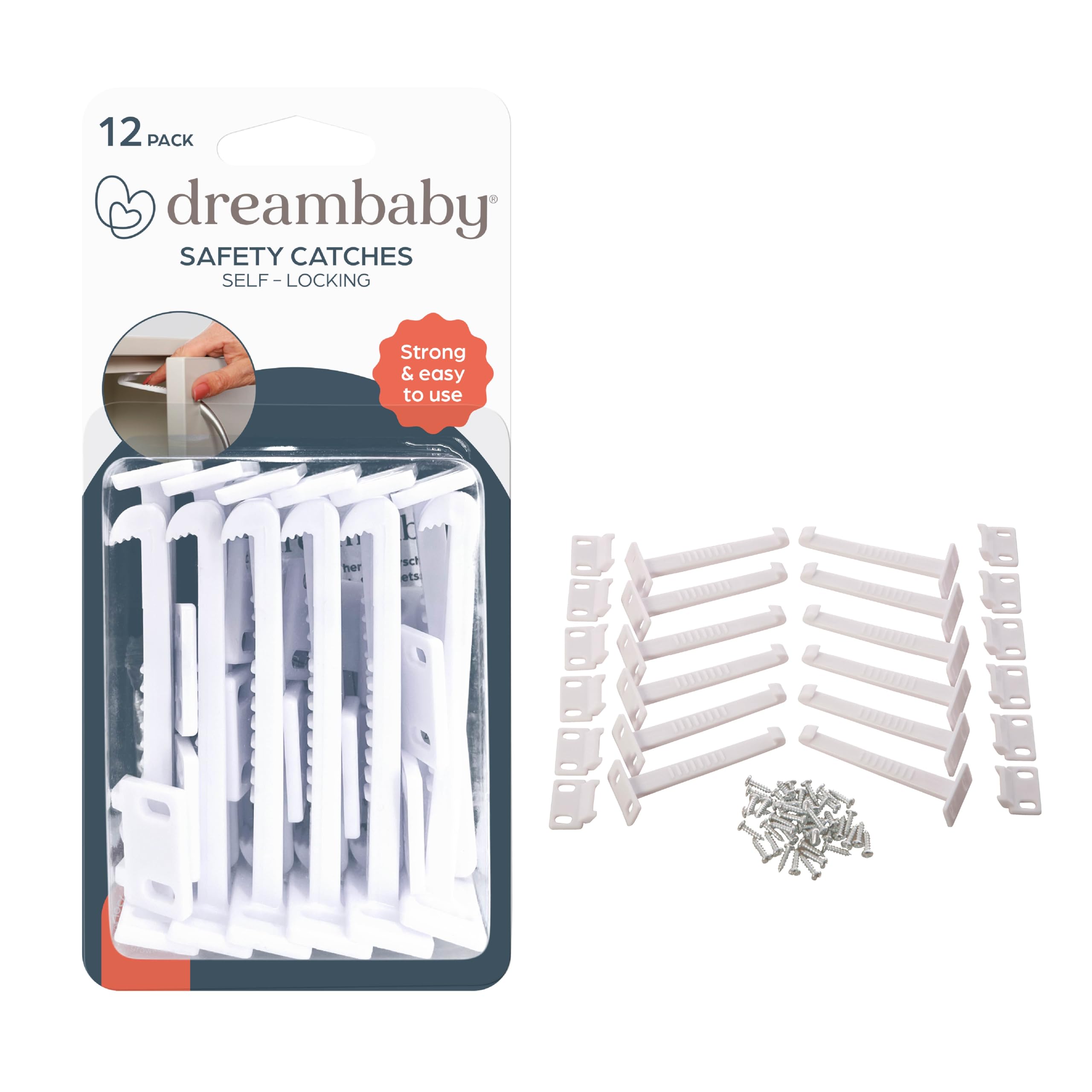 Dreambaby Safety Catches close-up on a cupboard door showing a discreet childproof lock