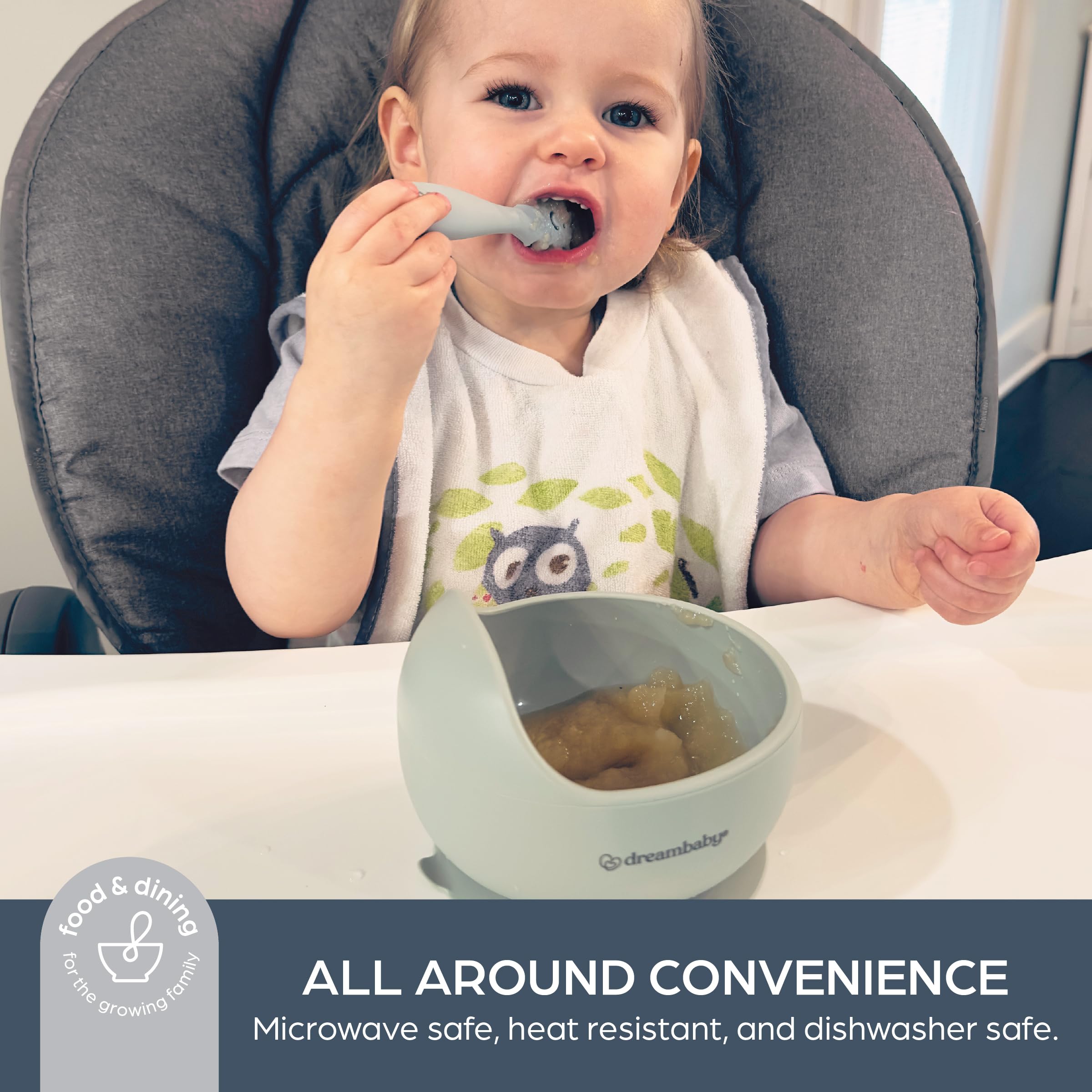Dreambaby seafoam bowl supports baby-led weaning with user-friendly design.