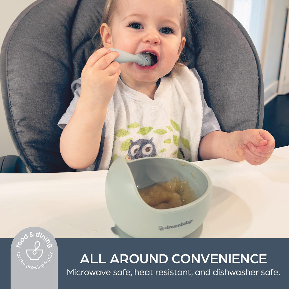 Dreambaby seafoam bowl supports baby-led weaning with user-friendly design.