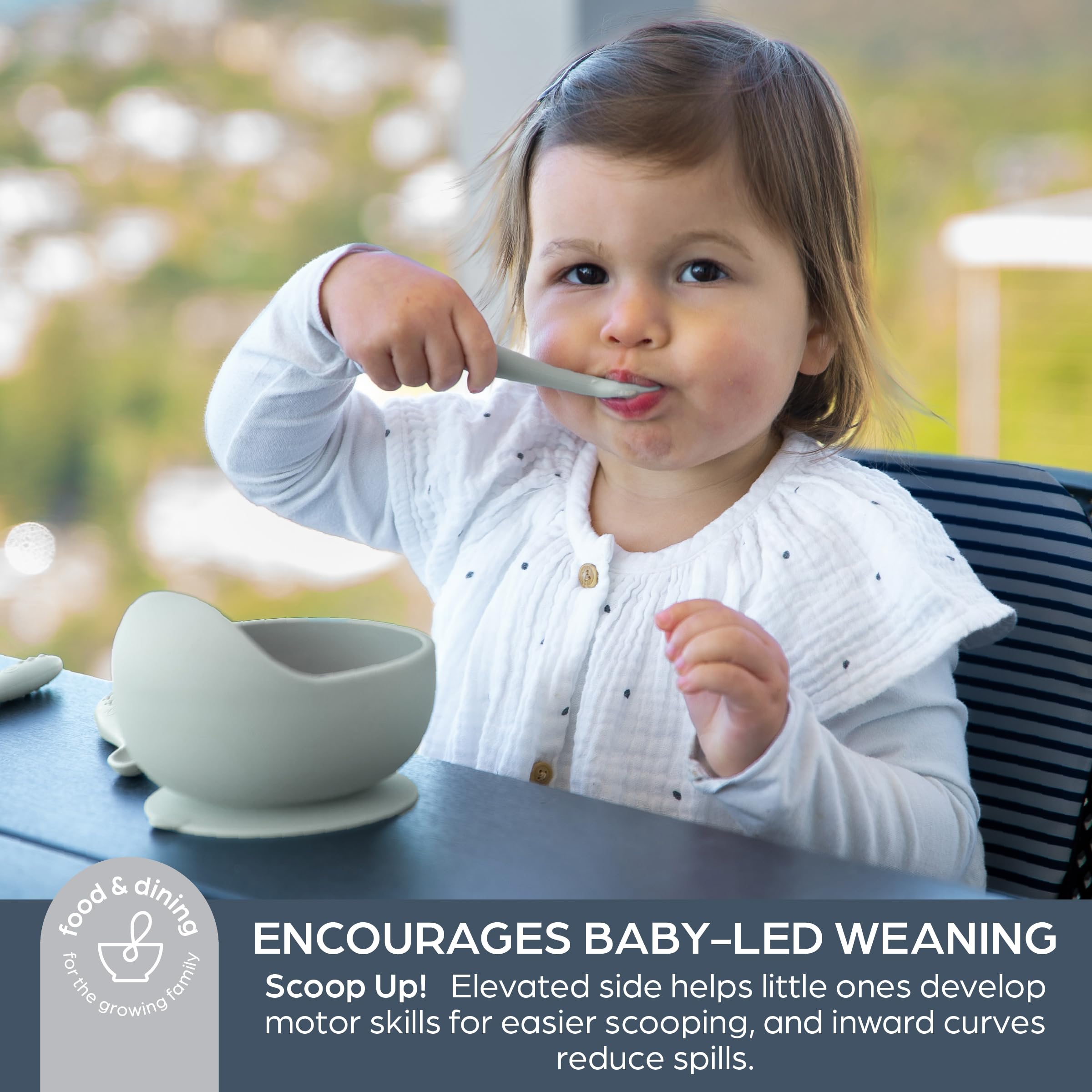 Dreambaby seafoam bowl shows strong suction base reducing spills.