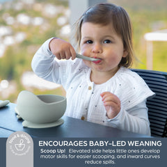 Dreambaby seafoam bowl shows strong suction base reducing spills.