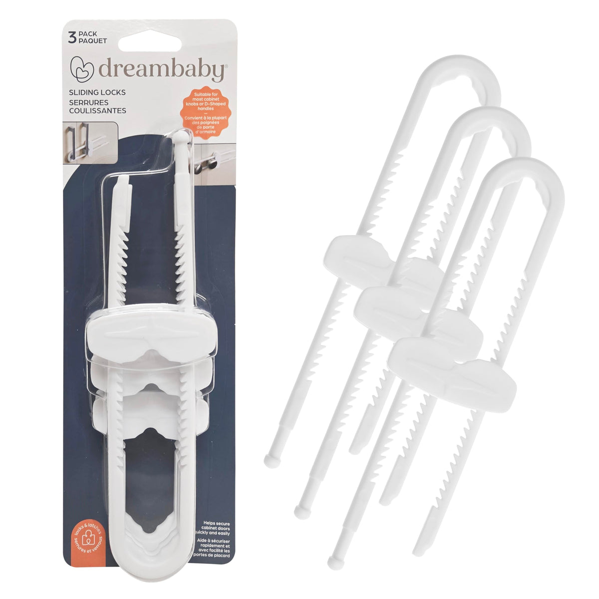 Dreambaby sliding locks on cabinet close-up show secure, tool-free safety.