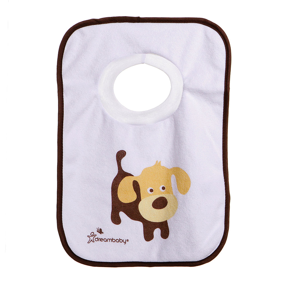 Dreambaby Terry Cloth Pullover Bib neck stretch highlights easy, comfortable fit as baby grows