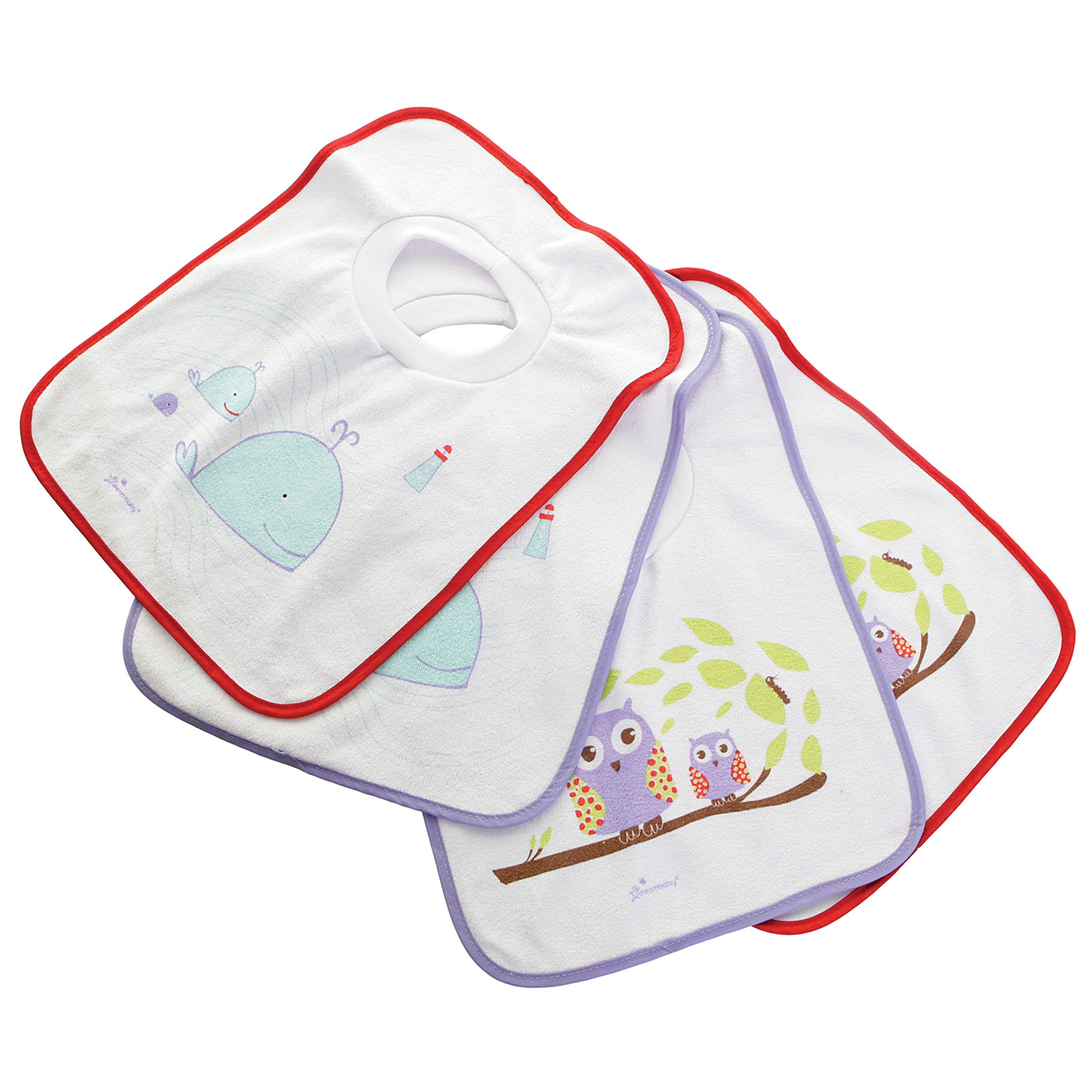 Dreambaby terry cloth pullover bib with owl design offers mess-free mealtimes.