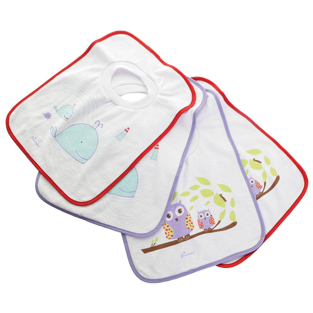 Dreambaby terry cloth pullover bib with owl design offers mess-free mealtimes.