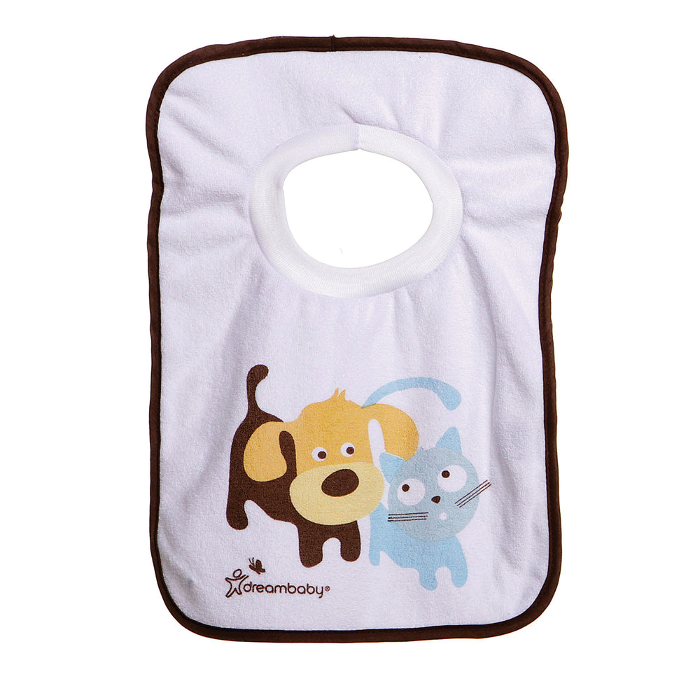 Dreambaby Terry Cloth Pullover Bib size coverage shows extra-large design for feeding and drool