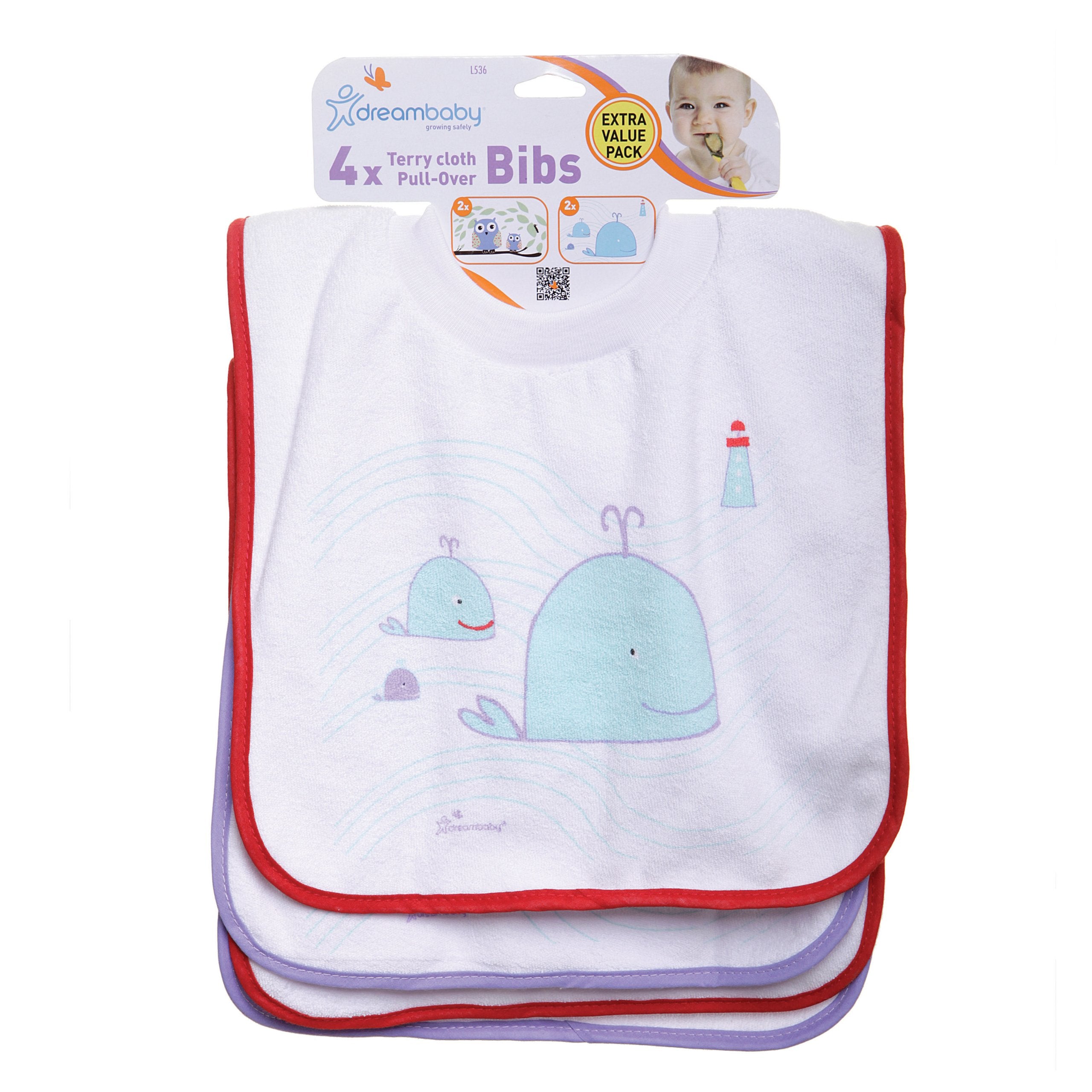 Dreambaby terry cloth pullover bib featuring whale design keeps drool in check.