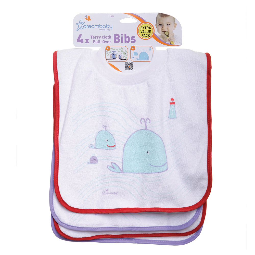 Dreambaby terry cloth pullover bib featuring whale design keeps drool in check.