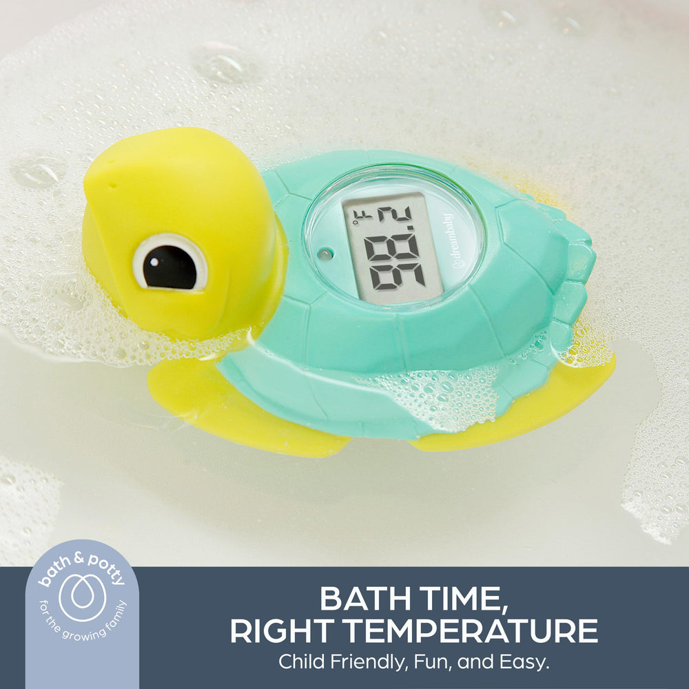 Dreambaby turtle-in-tub thermometer with clear Fahrenheit display for quick bath temperature checks.
