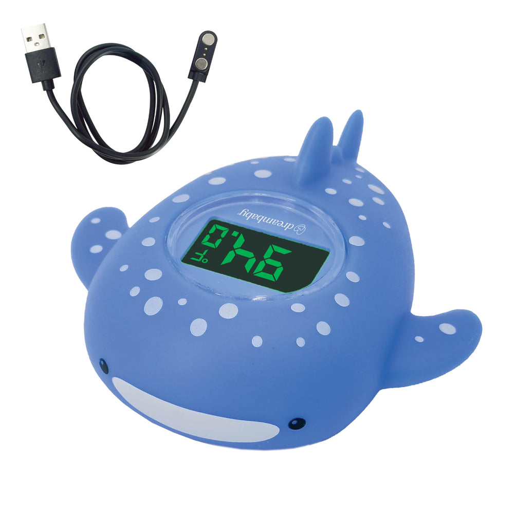 Dreambaby Whale Shark thermometer floats as a bath toy while reading water temperature.
