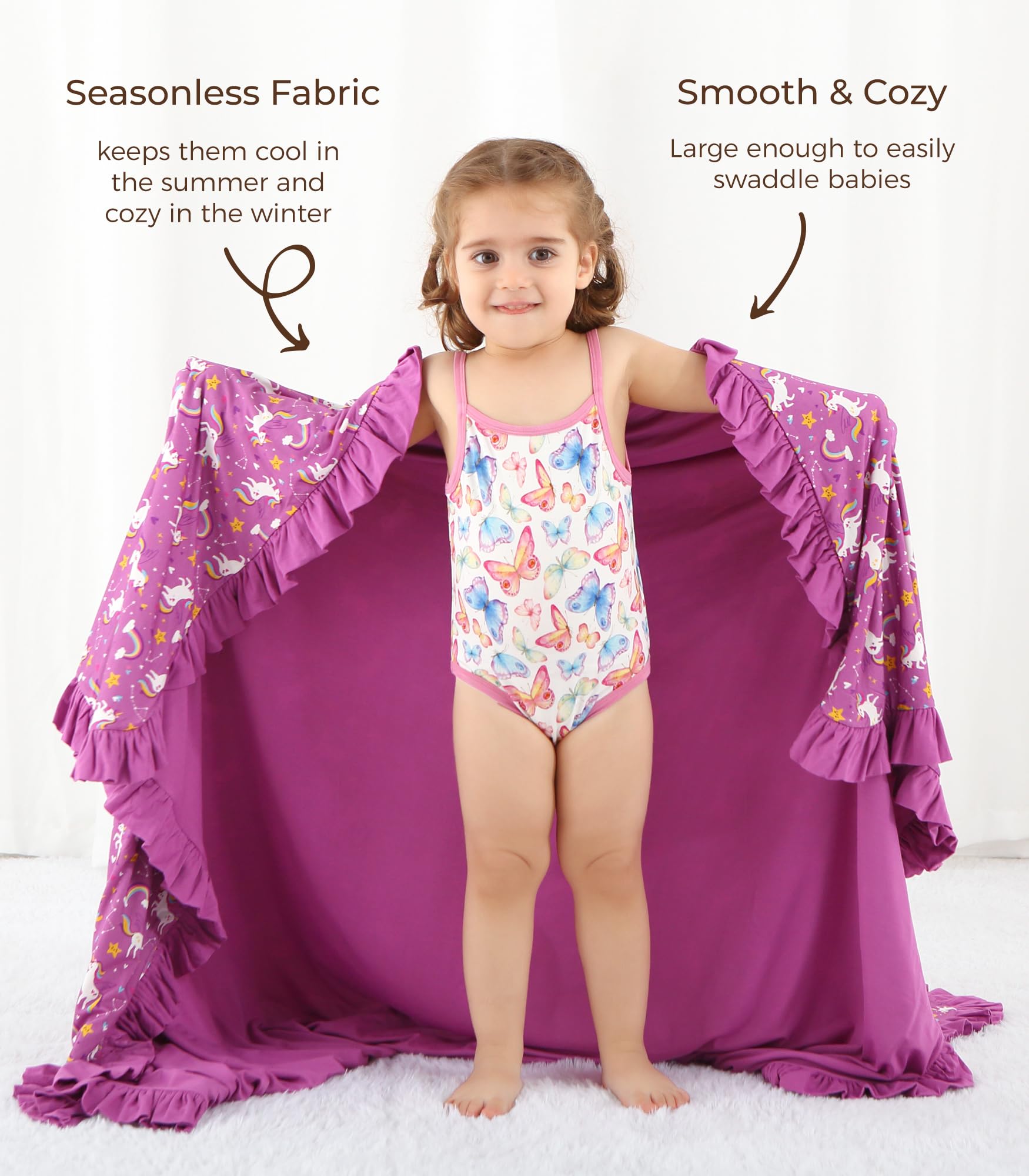 DREAMHALO purple unicorn blanket shows swaddle-use versatility for snug, calming naps.