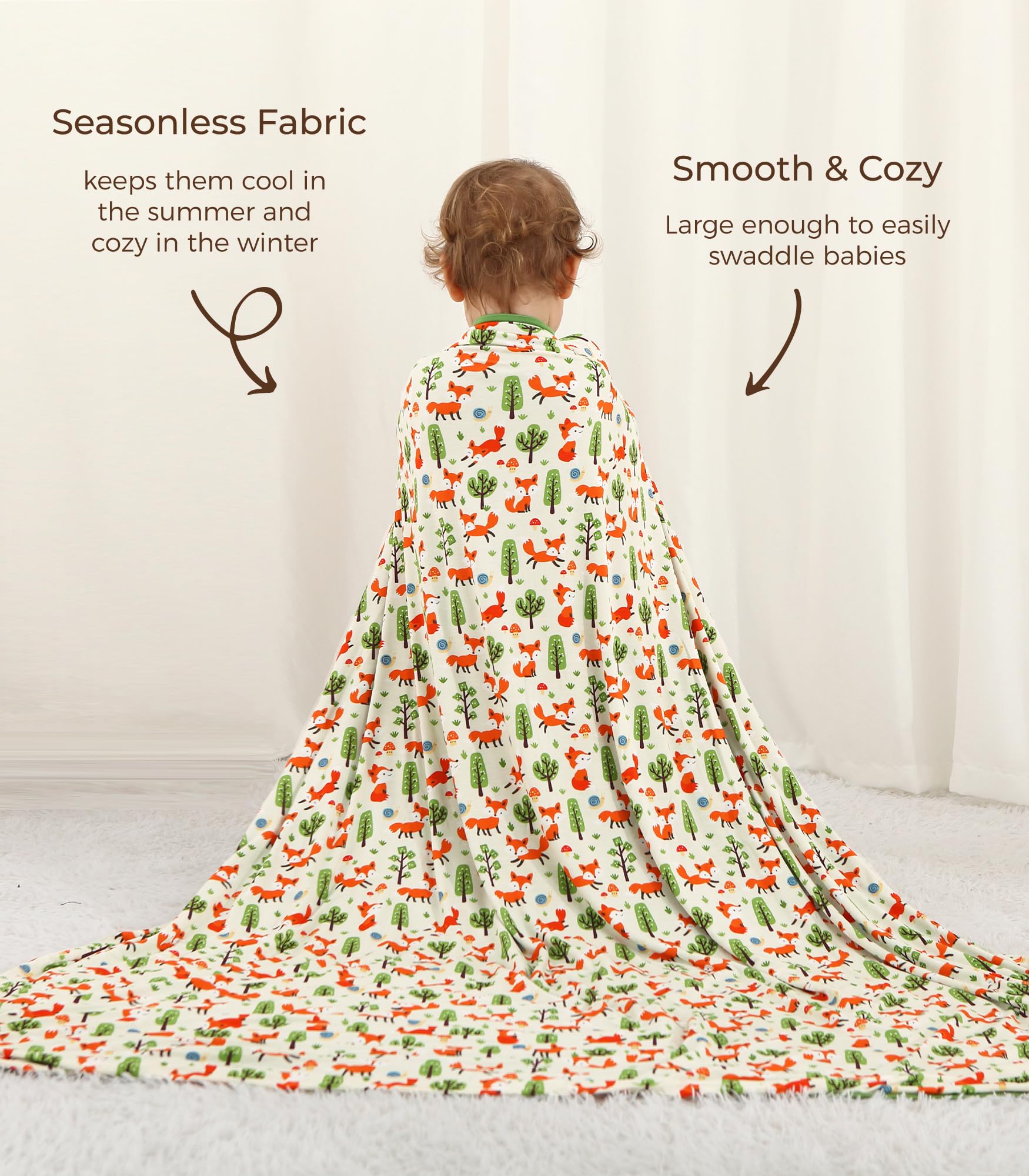 DREAMHALO Little Fox blanket used as swaddle provides gentle wrapping warmth.