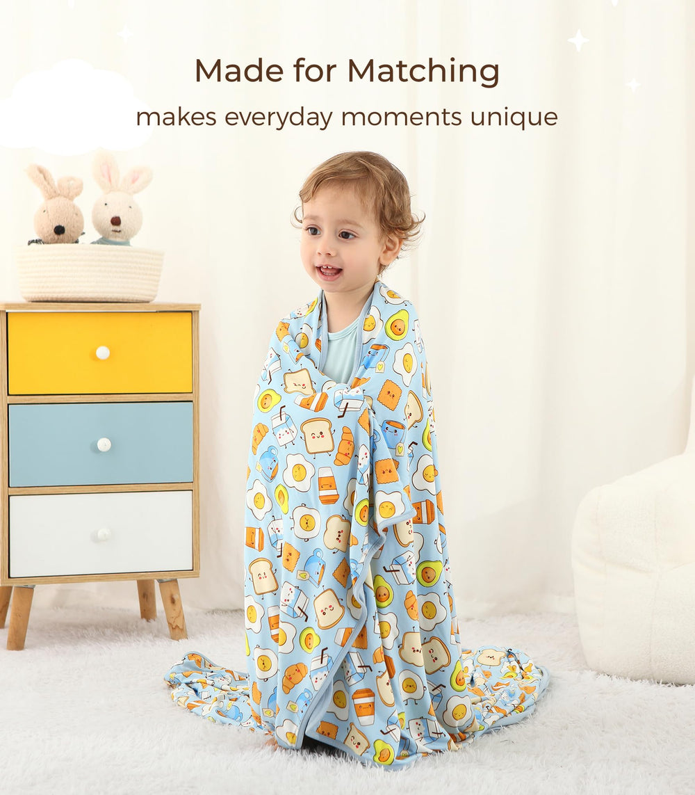 DreamHalo blue breakfast blanket on crib highlighting large size for growing baby