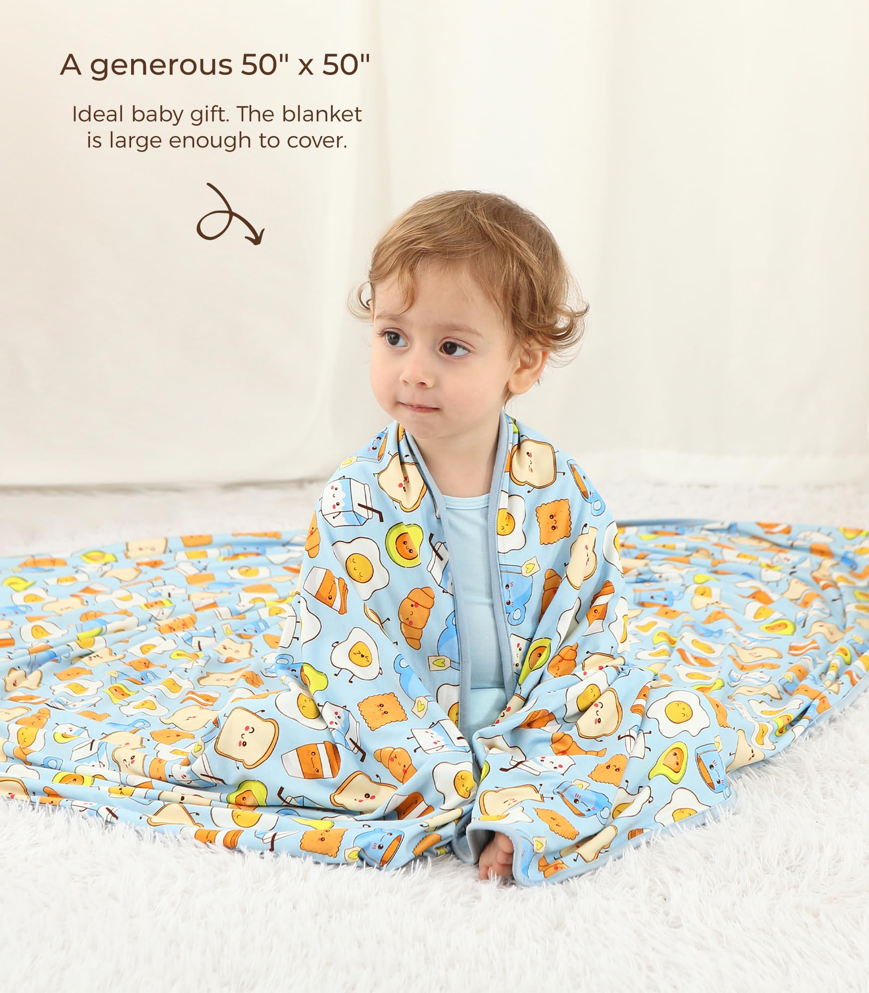 DreamHalo blue breakfast blanket draped on nursery bed for a cozy look