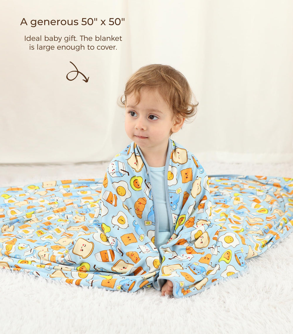 DreamHalo blue breakfast blanket draped on nursery bed for a cozy look