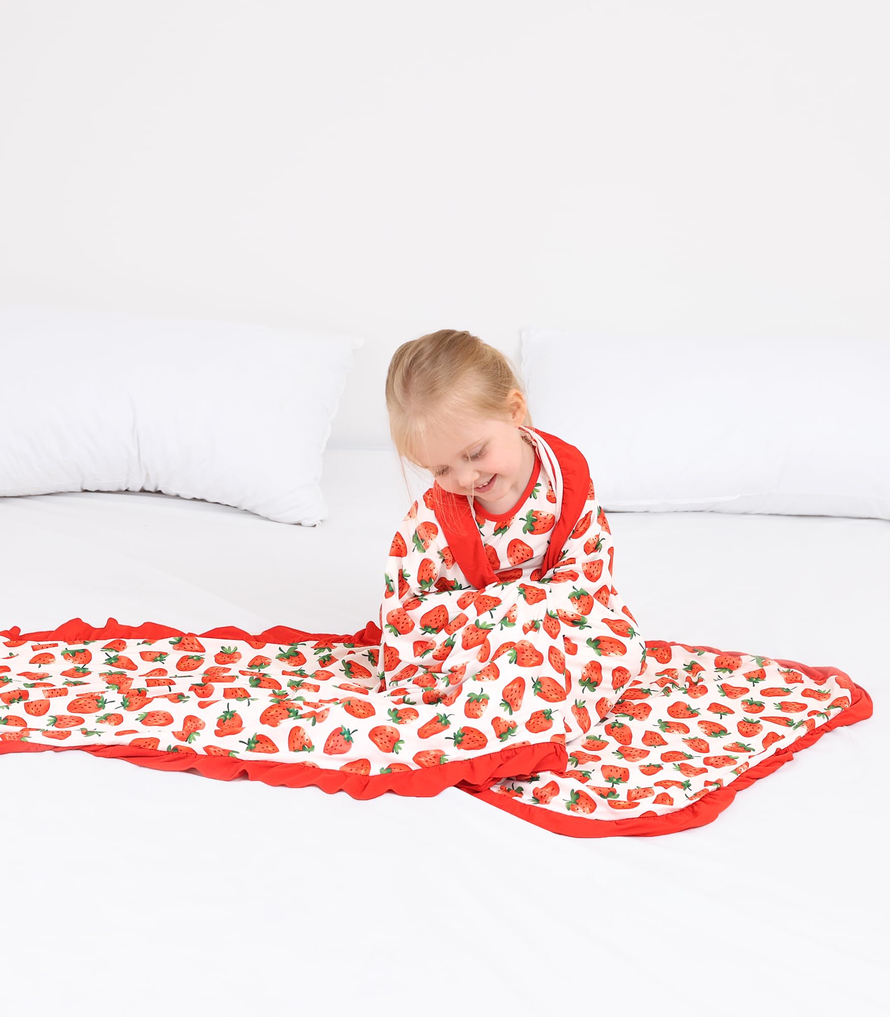 DREAMHALO Strawberry blanket folded display suggests easy care and storage