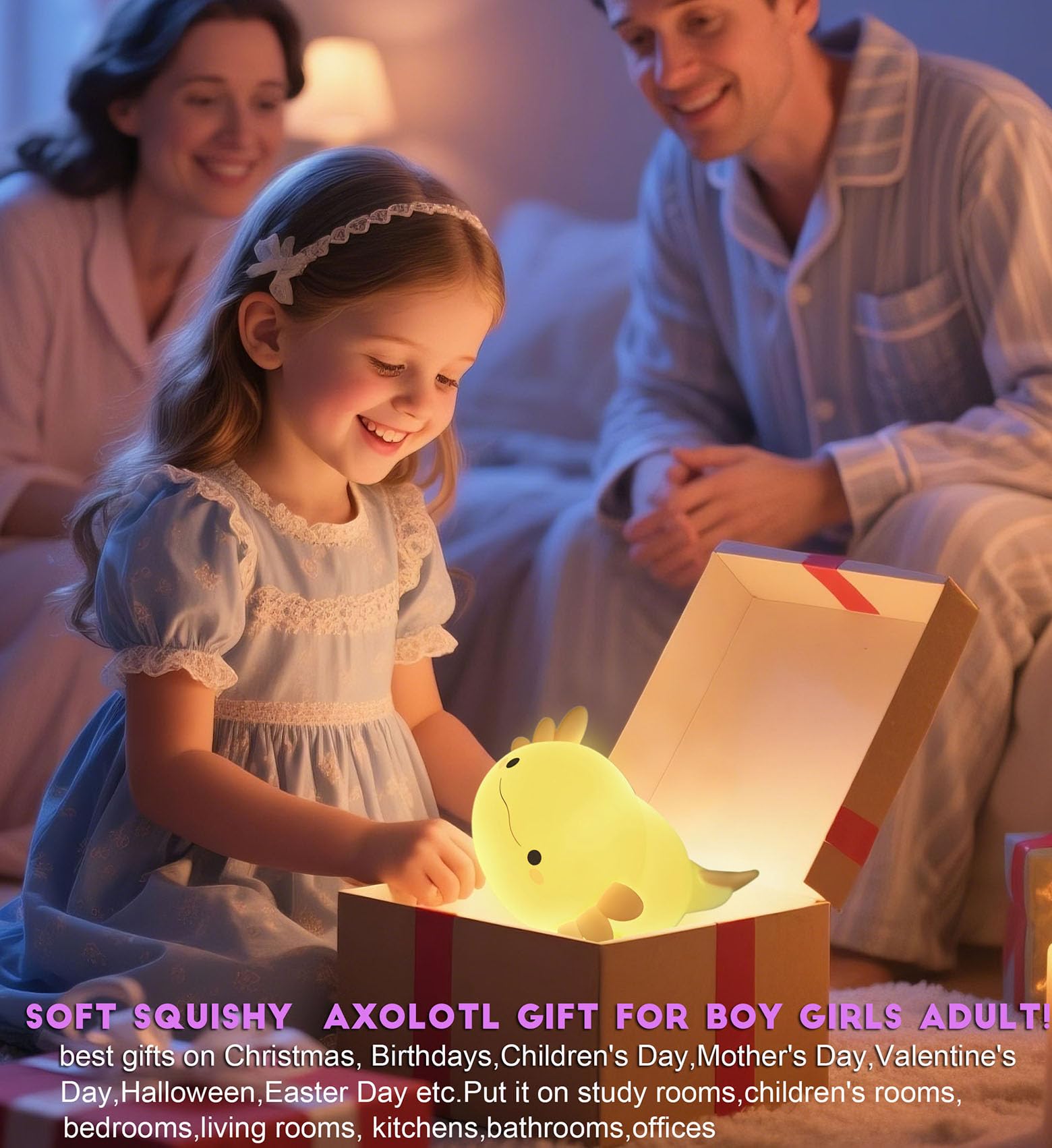 Dreaming My Dream Axolotl Night Light is BPA-free soft silicone and kid-safe.