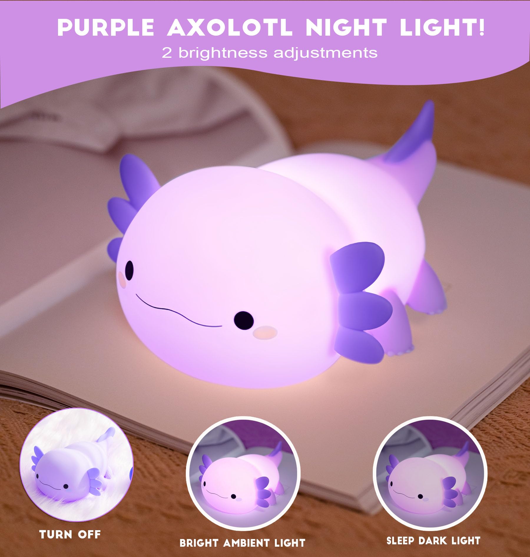 DREAMING MY DREAM axolotl night light offers adjustable brightness for gentle illumination.