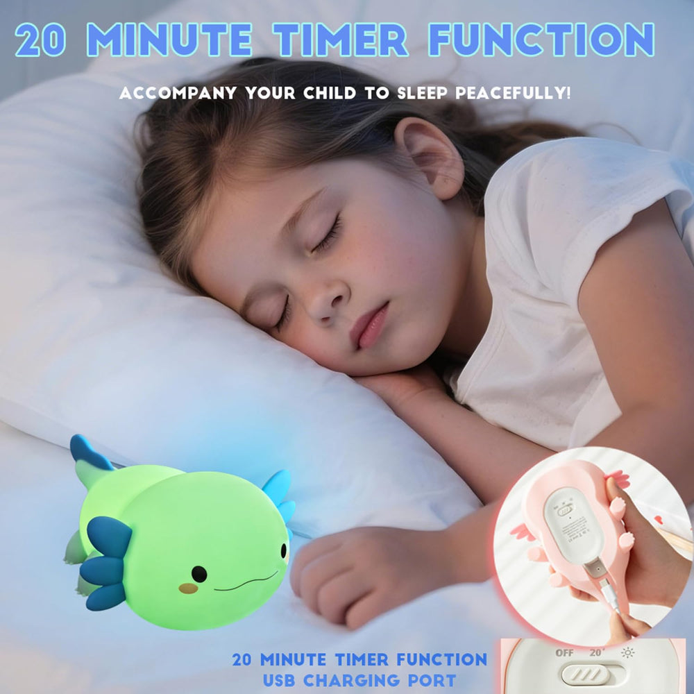 DREAMING MY DREAM Axolotl night light in a kid room adds cute decor and calming glow.