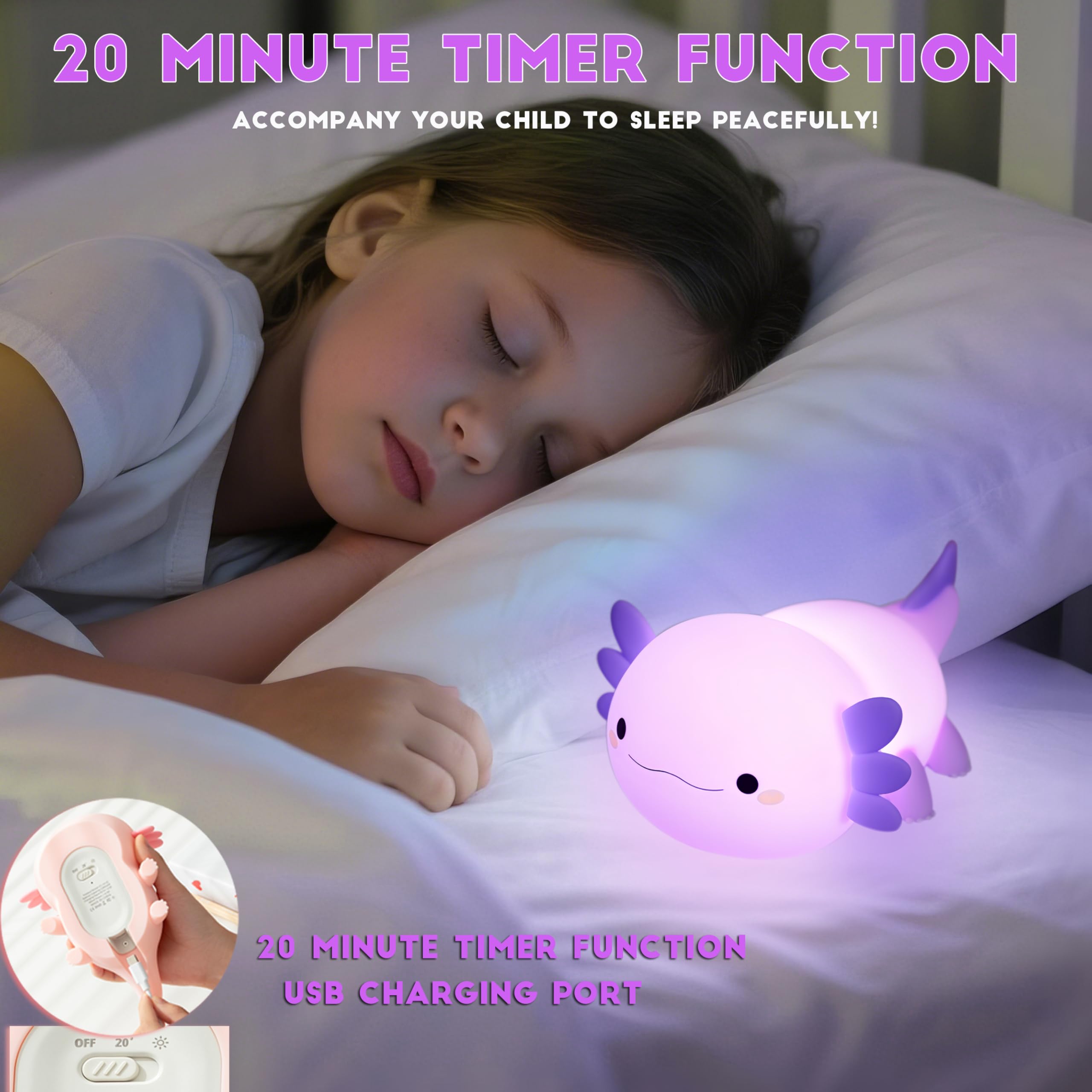 DREAMING MY DREAM axolotl night light is cordless, ideal for travel and camping.