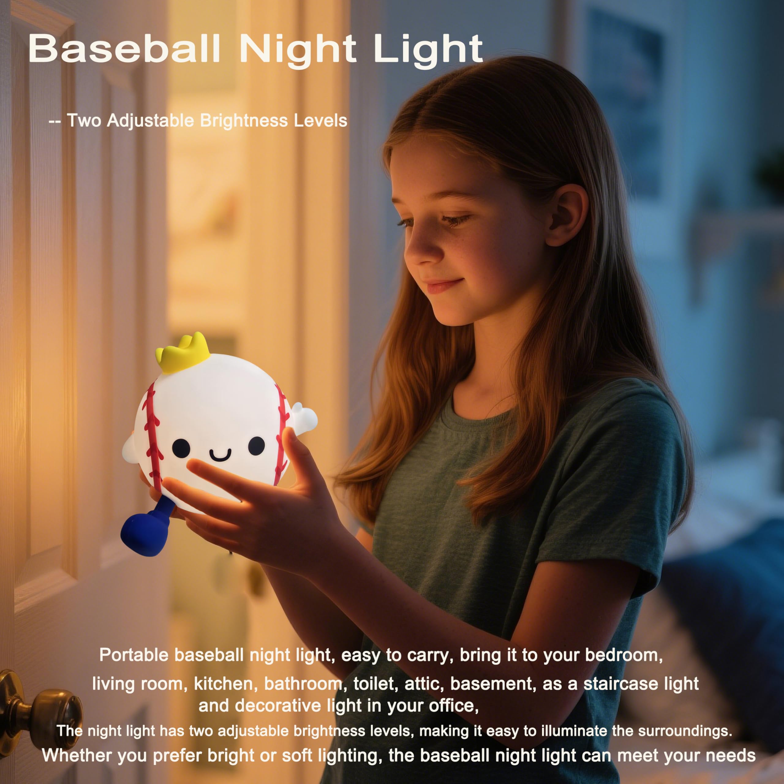 DREAMING MY DREAM bedside baseball light offers gentle glow for bedtime routines and reading.