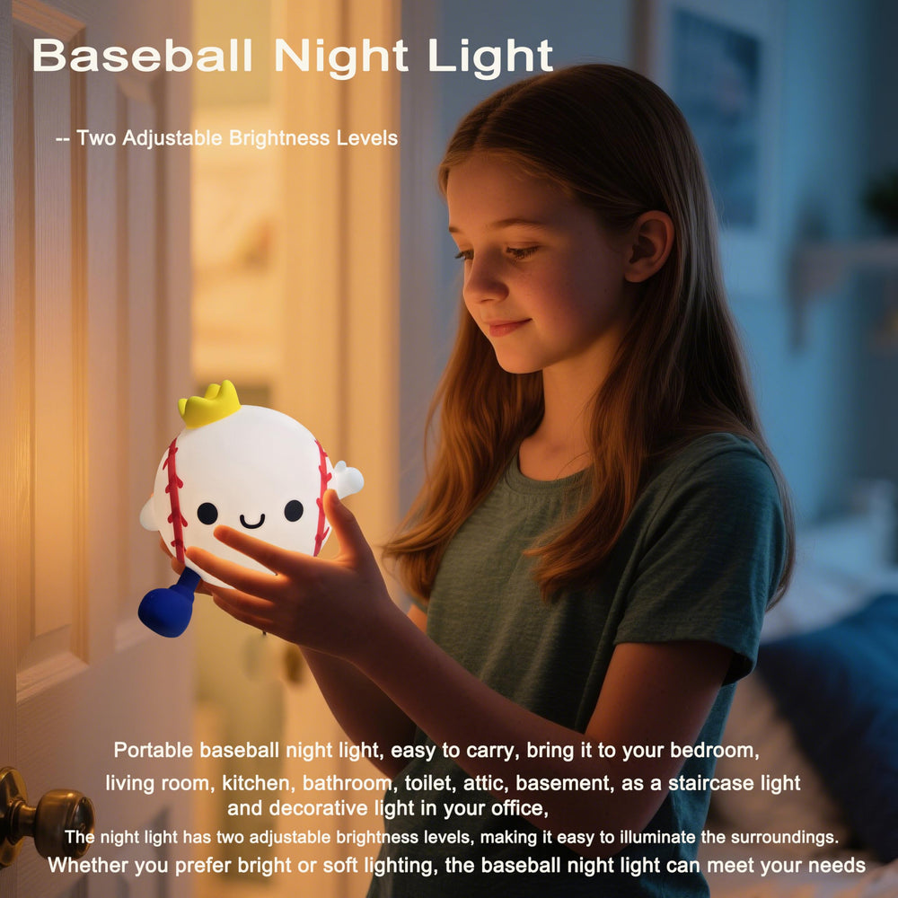 DREAMING MY DREAM bedside baseball light offers gentle glow for bedtime routines and reading.