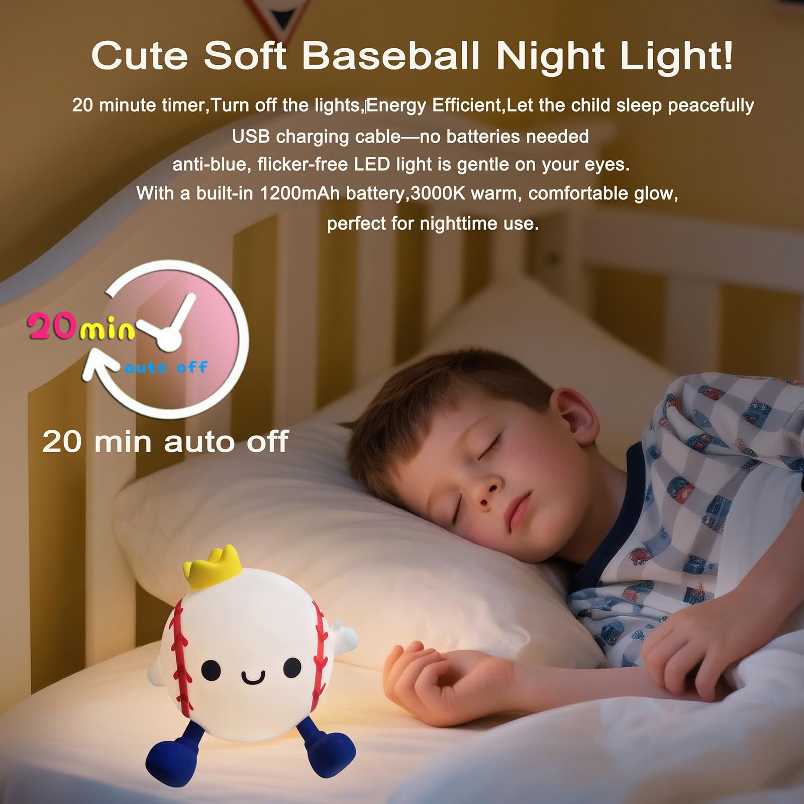 DREAMING MY DREAM rechargeable baseball night light with USB power for portable use.