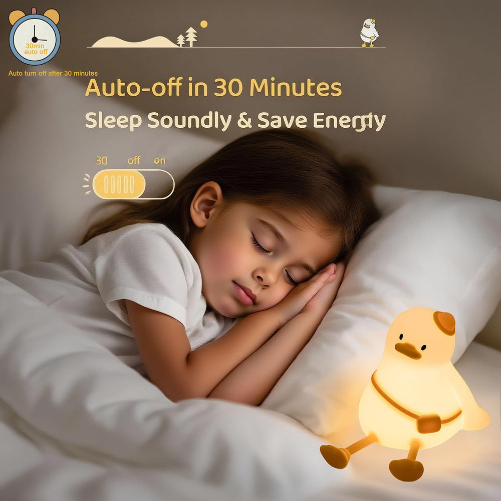 DREAMING MY DREAM duck night light angled view demonstrates calming warm glow for bedtime.