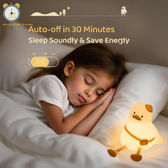 DREAMING MY DREAM duck night light angled view demonstrates calming warm glow for bedtime.
