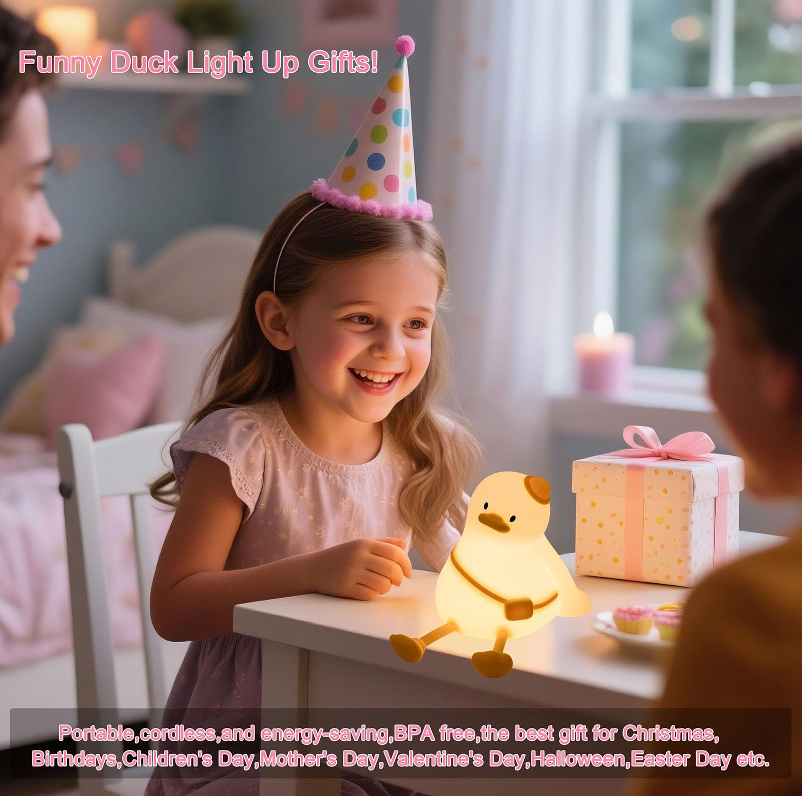 DREAMING MY DREAM duck night light family use shows rechargeable battery and long runtime.