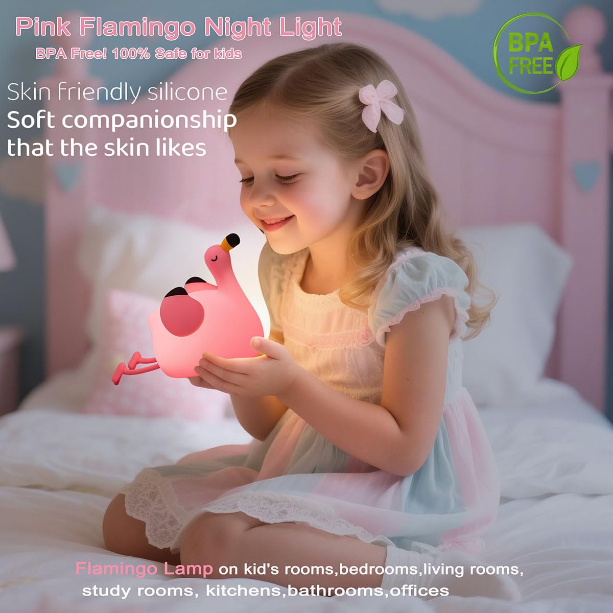 Dreaming My Dream Flamingo Night Light charging with USB cable enables travel-ready lighting.