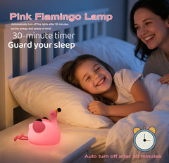 Dreaming My Dream Flamingo Night Light on table casts warm 3000K glow for bedtime.