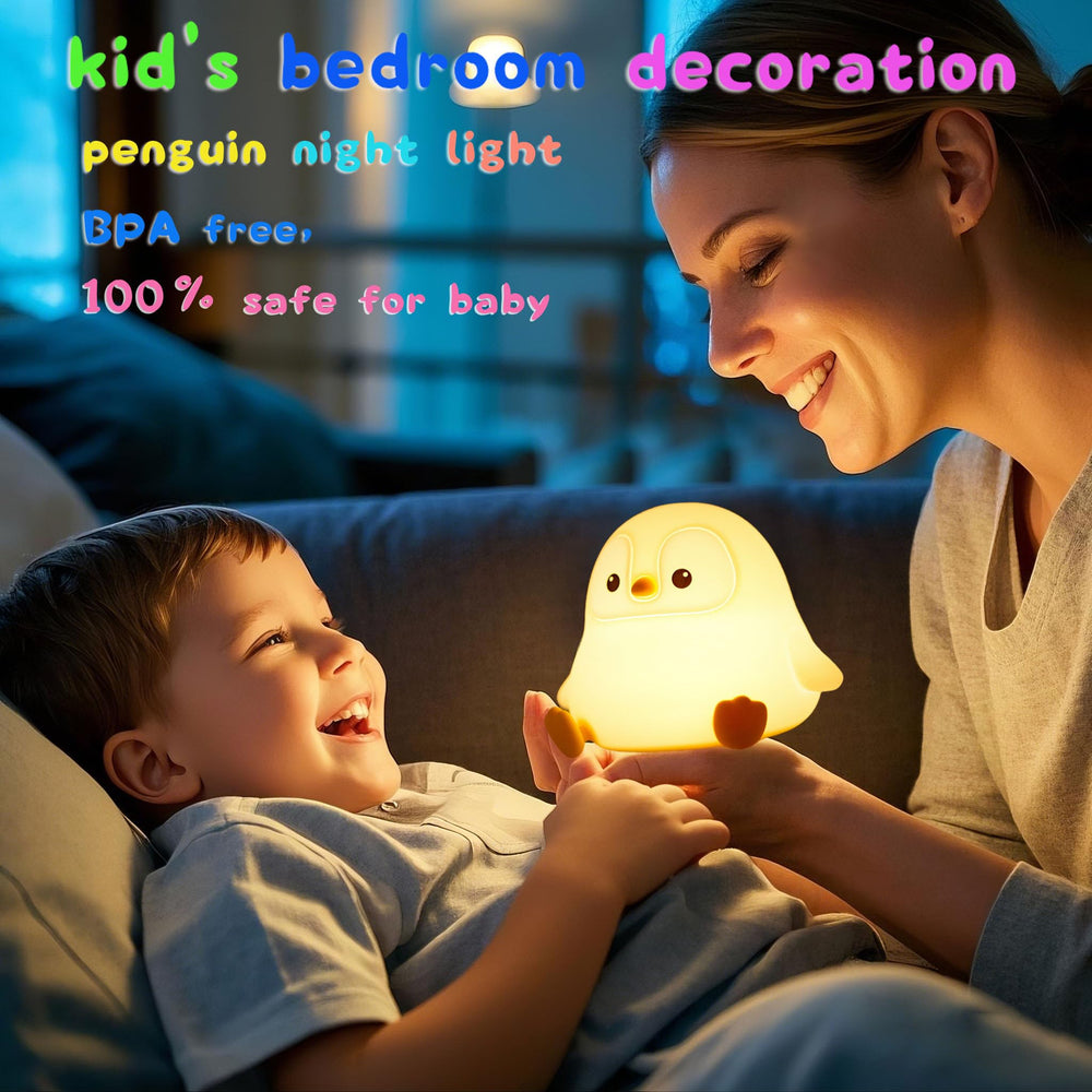 DREAMING MY DREAM penguin night light BPA-free silicone, safe soft-touch for little hands.