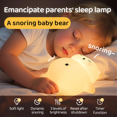 DREAMING MY DREAM snoring-bear-night-light bedside setup highlights easy access at night.