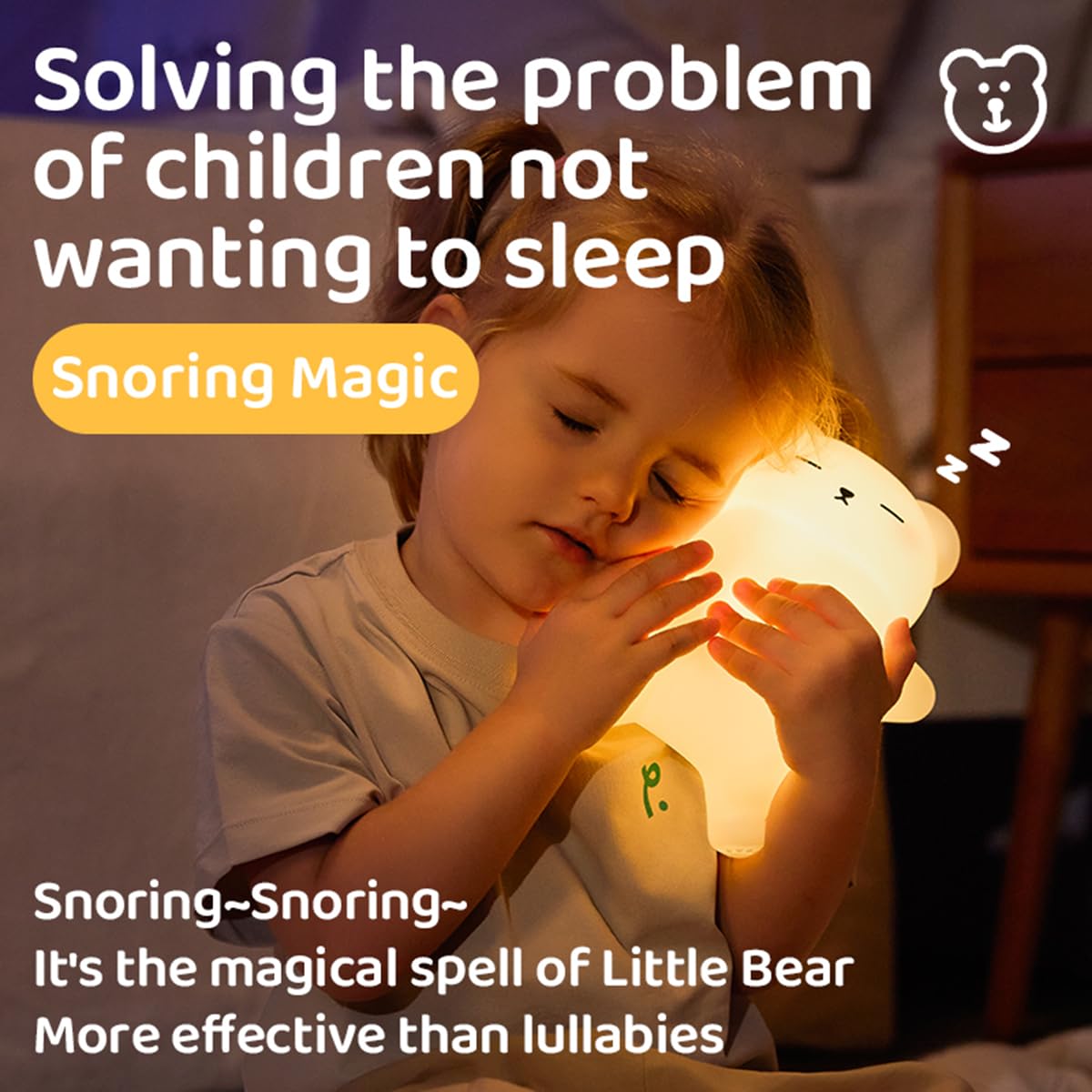 DREAMING MY DREAM snoring bear night light in child room demonstrates calming ambience.