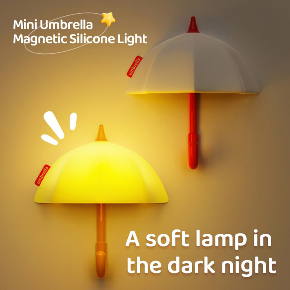 Dreaming My Dream umbrella night light on bedside table glows softly.