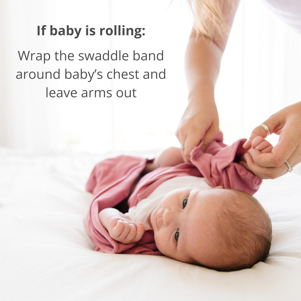 Dreamland Baby bamboo viscose swaddle Rose built-in band showcased for secure snugness