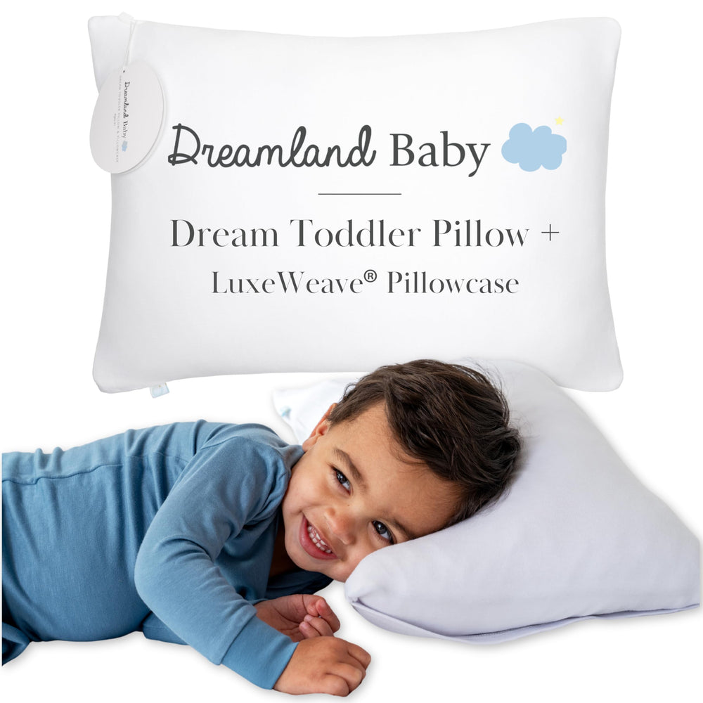 Dreamland Baby ergonomic toddler pillow provides balanced support for growing necks.