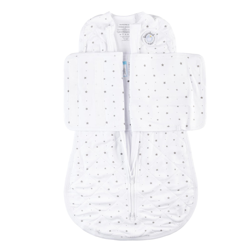 Dreamland Baby Viscose Swaddle Blanket in white stars offers silky softness and gentle secure wrap.