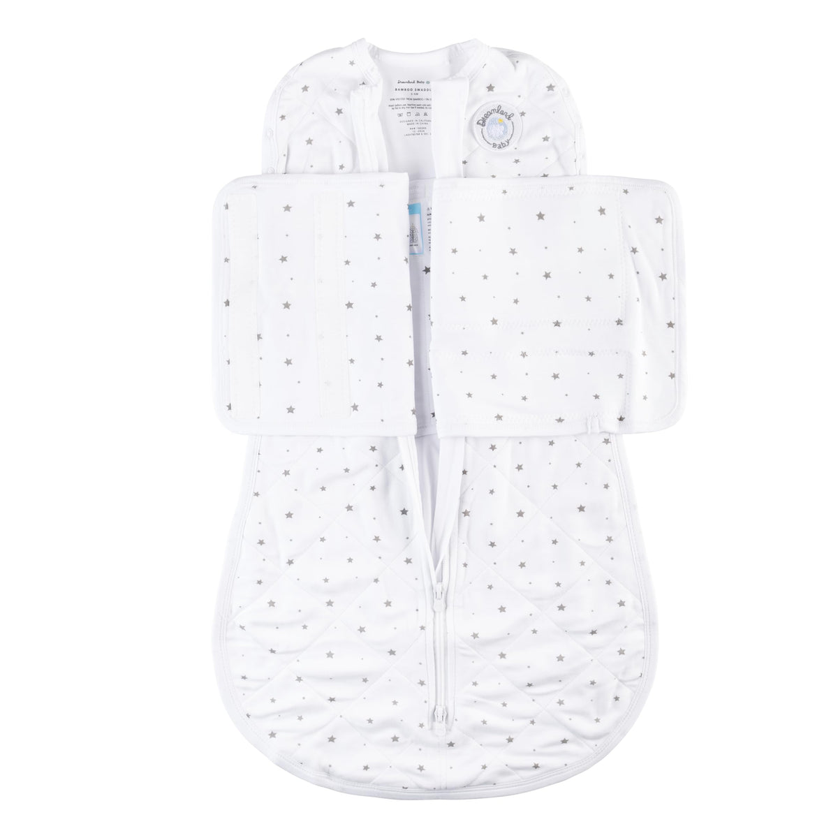 Dreamland Baby Viscose Swaddle Blanket in white stars offers silky softness and gentle secure wrap.